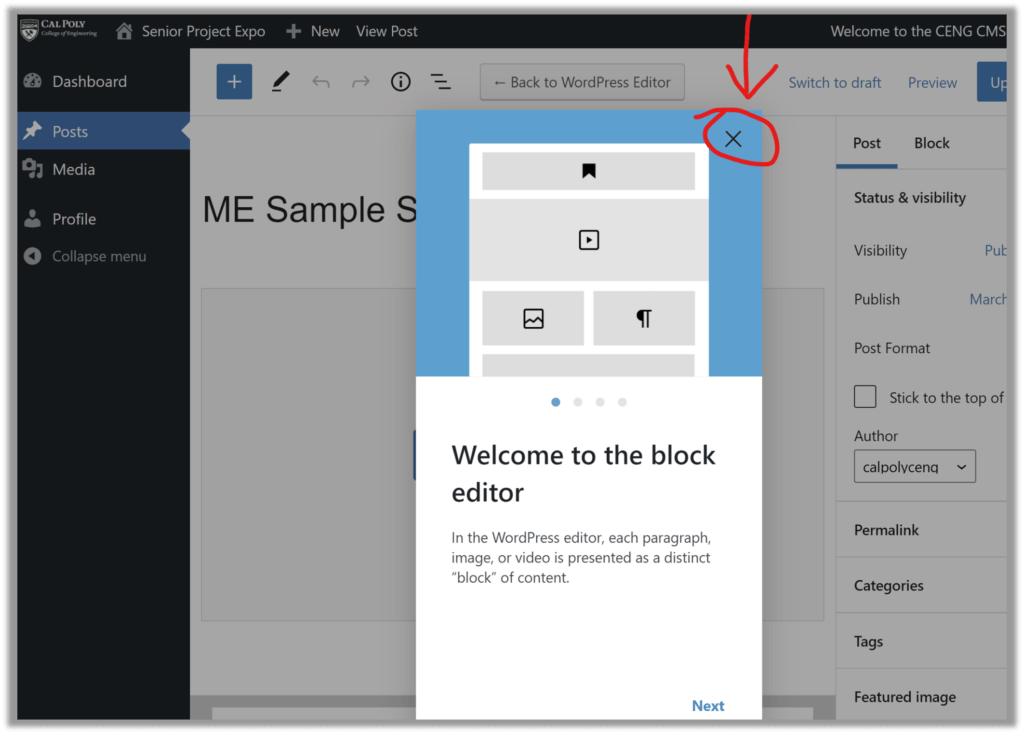 A WordPress screenshot showing how to close a block editor dialogue box