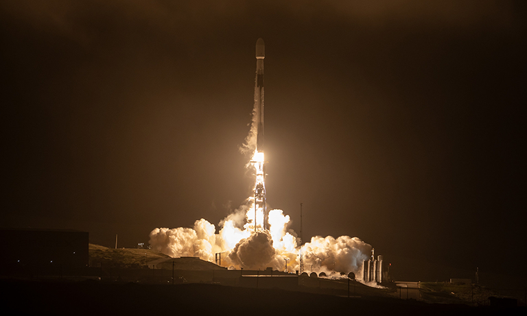 A SpaceX Falcon 9 lifts off from Vandenberg Space Force Base on March 30 carrying the Transporter-16 rideshare mission, including SAL-E, Cal Poly’s first CubeSat launch in five years. Photo courtesy of SpaceX