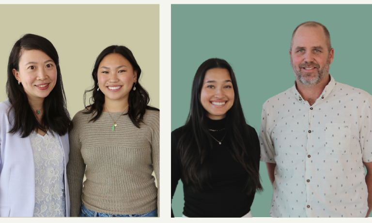 A side-by-side portrait of two pairs of people — on the left, two women smile together against a sage green background, and on the right, a young woman and an older man smile together against a teal background.