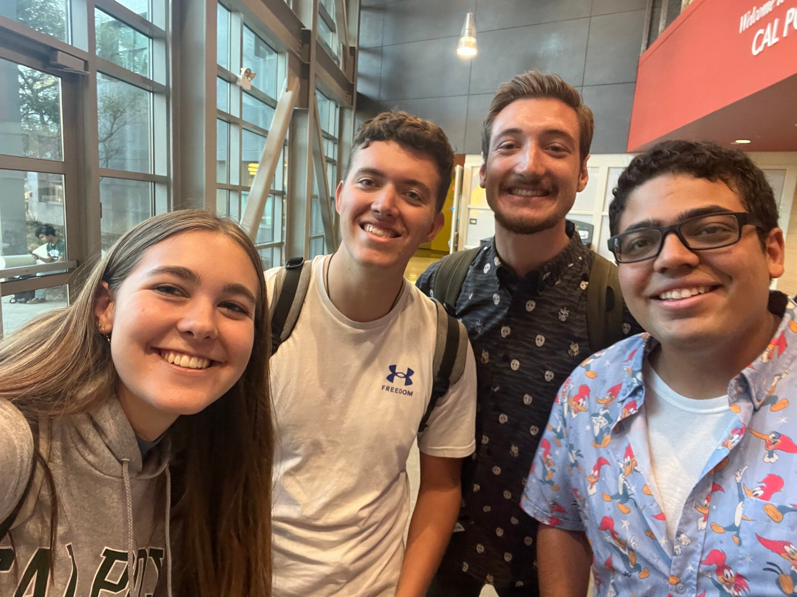 From left, Maddy Reedy, Jackson Reynolds, Jake Schuman and Fredy Herrarte created “The Brian Davis Show,” an animatronic puppet built as a mechanical engineering senior project.