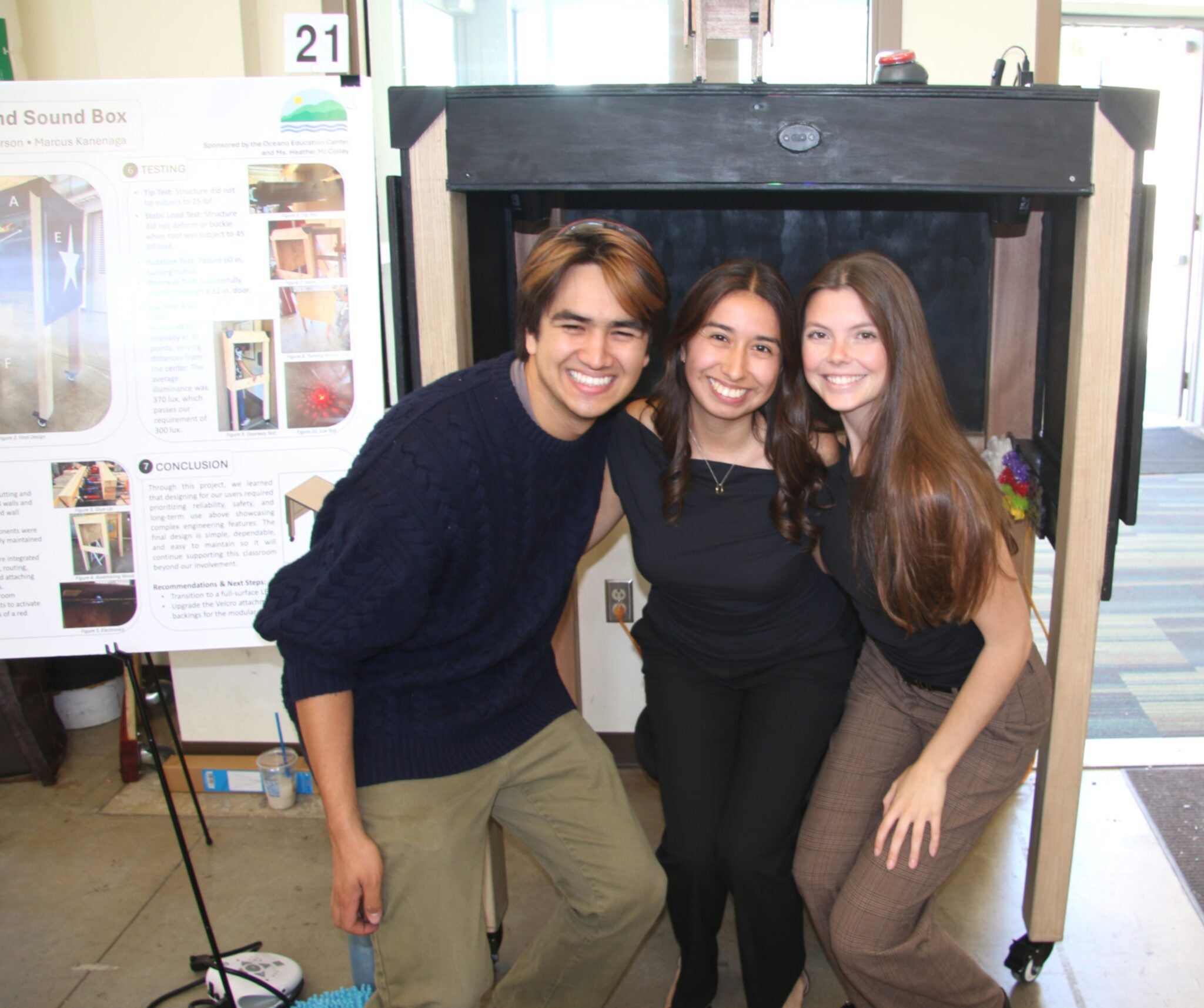 Marcus Kanenaga, from left, Galilea Portillo and Hannah Henderson stand with the sensory den during Project Expo. The team designed the project for Heather McColley’s medically fragile classroom at Oceano Elementary School. 