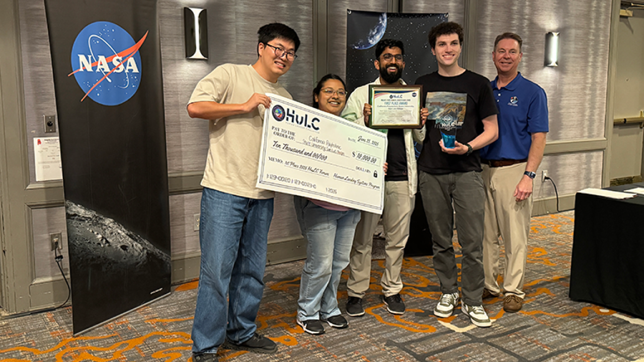 Members of Cal Poly’s PHAT team celebrate their first-place overall finish in NASA’s 2026 Human Lander Challenge in Huntsville, Alabama. The mechanical engineering senior project team won the $10,000 top prize for a cold-water system designed to support future lunar and Mars missions.