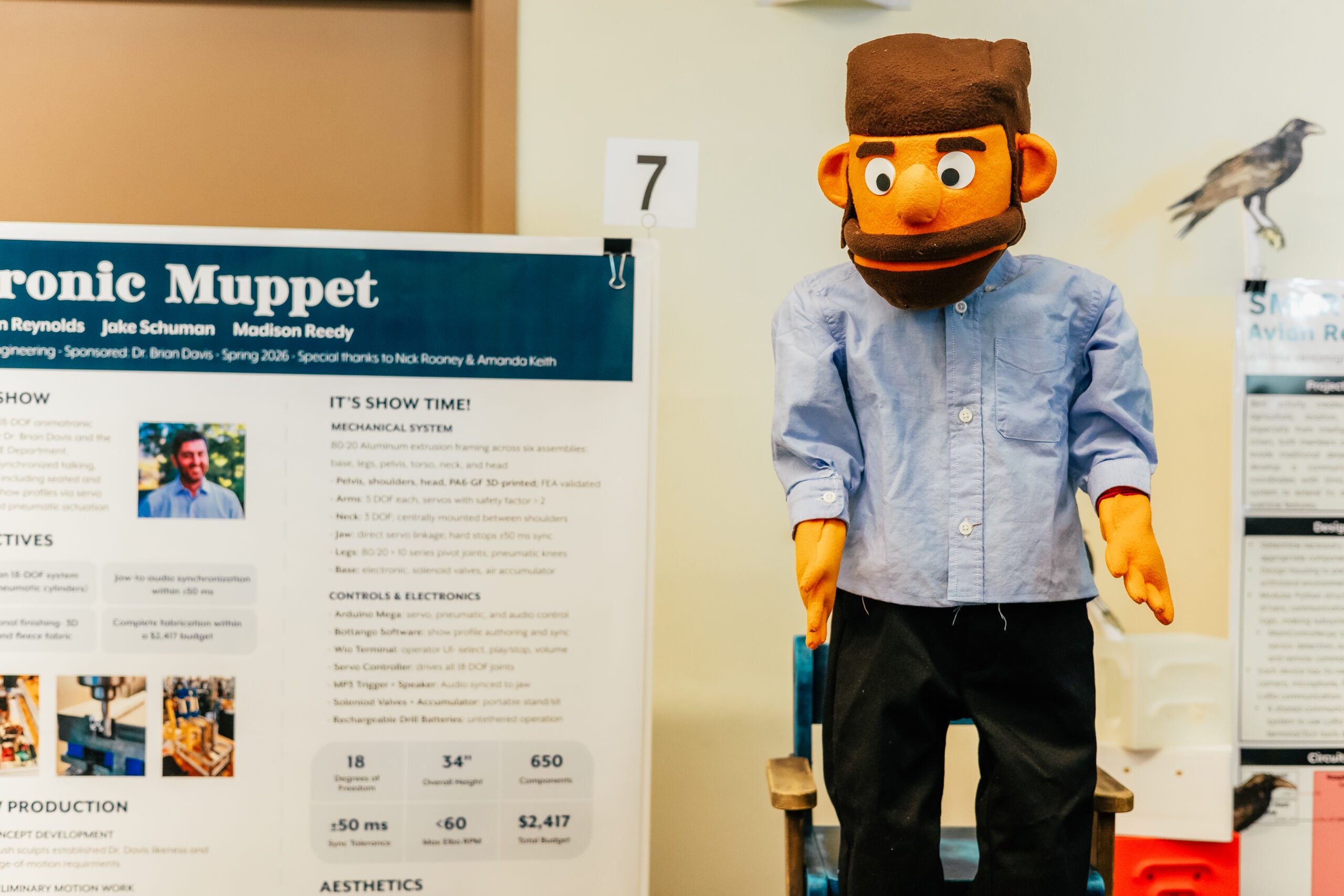 The animatronic puppet, built in Brian Davis’ likeness, appears with the team’s project poster at Cal Poly’s Engineering Senior Project Expo.
