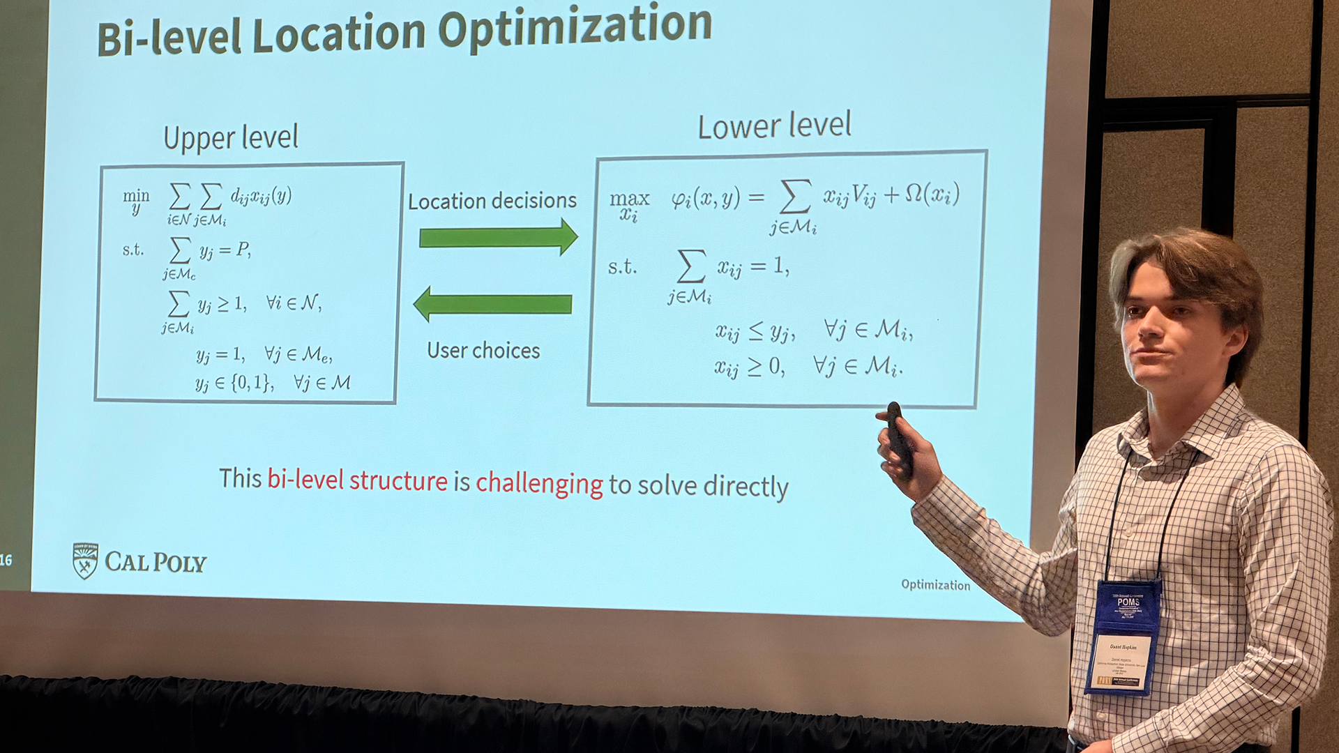 Industrial engineering student Daniel Hopkins presents preliminary research conducted with assistant professor Zhiyuan Wei at the 2026 Production and Operations Management Society Annual Conference.