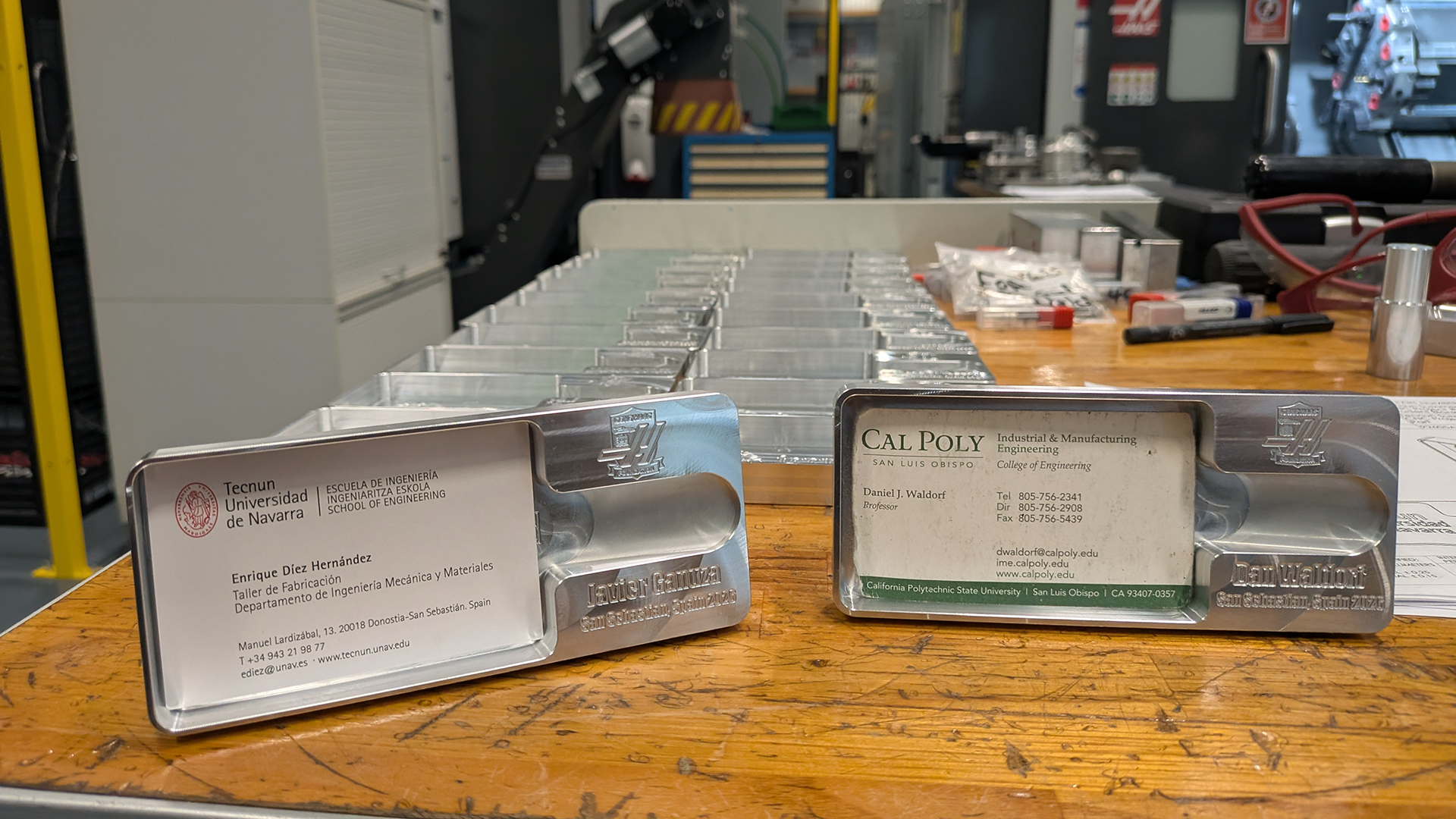Completed business card holders are on display