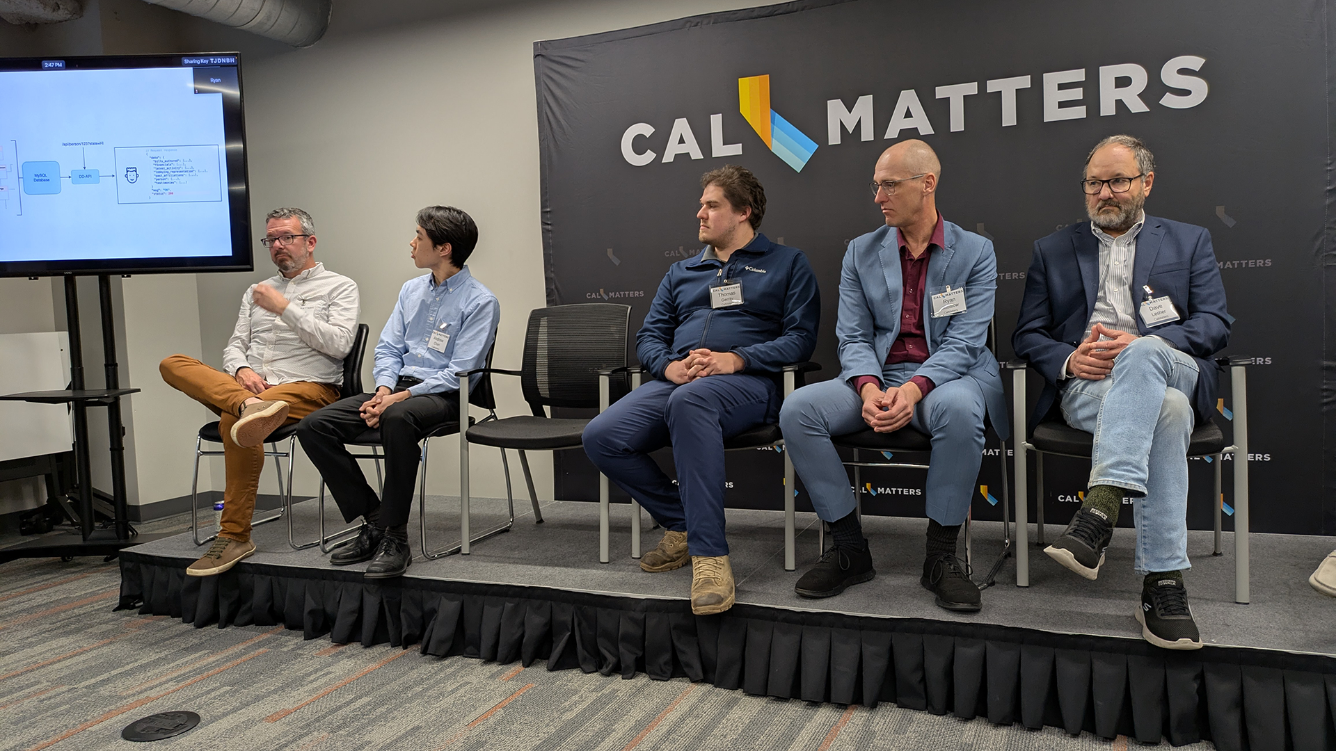 People sit on stage during a presentation