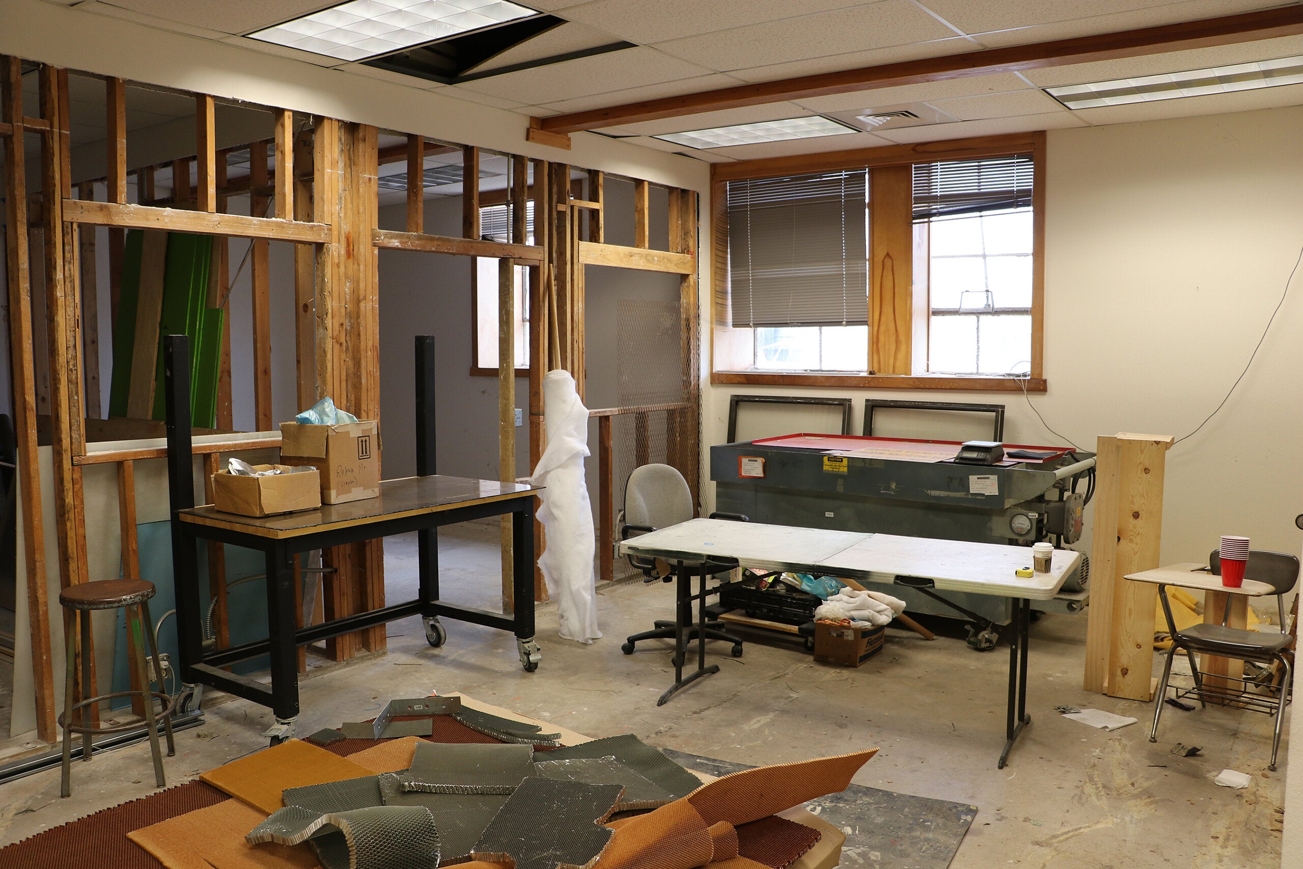 A room in the Hangar filled with equipment and project scraps will be cleaned out and ready for usage by the fall quarter
