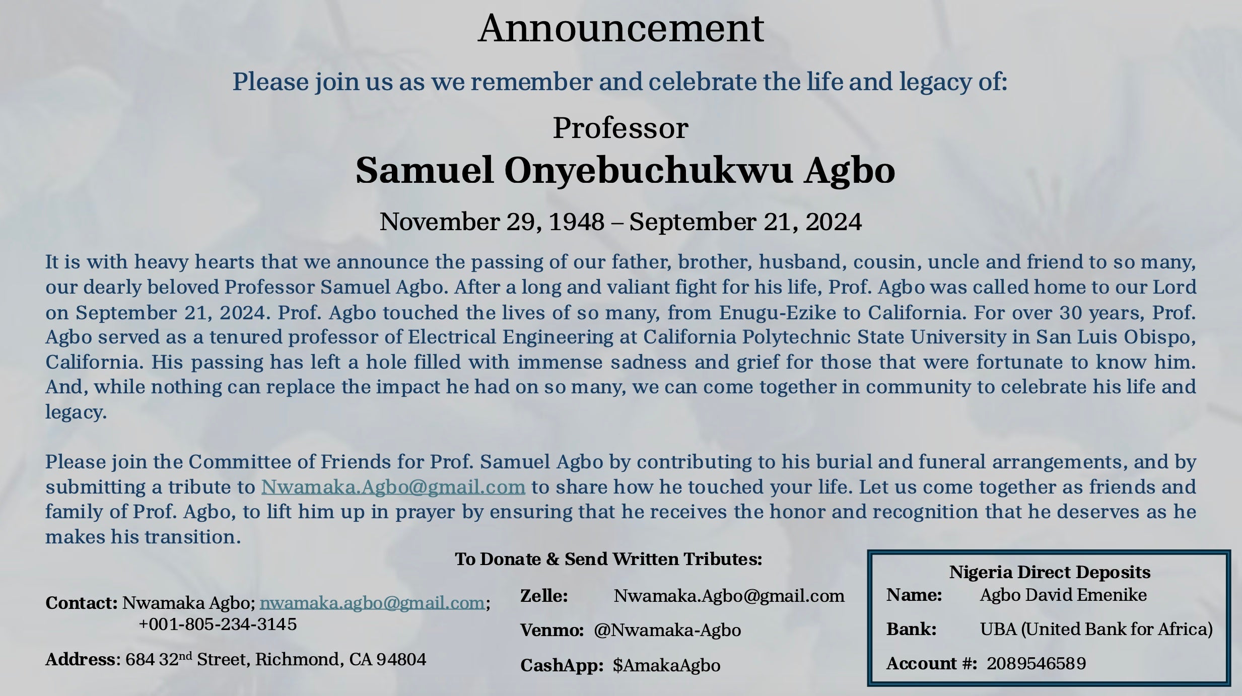 Memorial post for Professor Samuel Agbo denoting how others can contribute to his funeral service.
