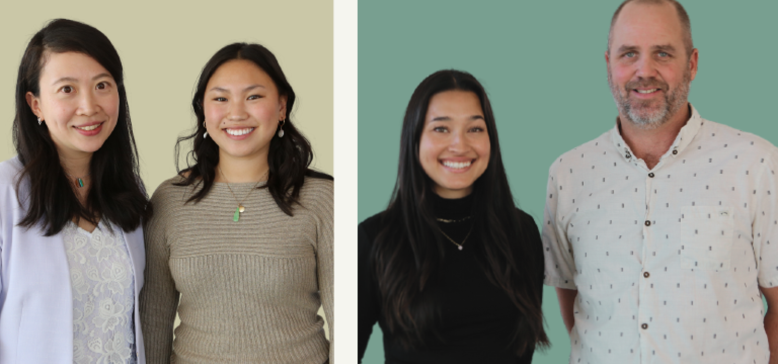 A side-by-side portrait of two pairs of people — on the left, two women smile together against a sage green background, and on the right, a young woman and an older man smile together against a teal background.