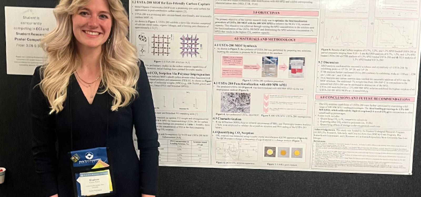 A Cal Poly student standing in front of her poster at the 2024 Senior Project Expo.