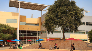 Students working at tables in the distance with the engineering 192 building in the background