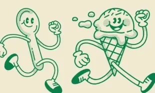 A cartoon drawing of a spoon walking behind an ice cream cone.