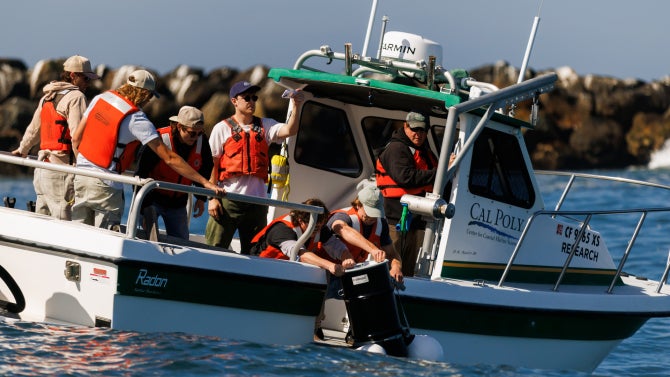 Cal Poly mechanical and electrical engineering students deploy a device they have spent the academic year designing and building to harness renewable energy from the ocean.