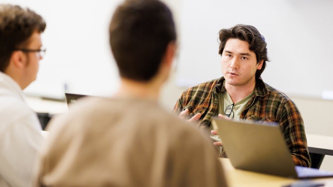 Civil & Environmental Engineering graduate students meet in small groups to practice their mini presentations about their thesis topic as part of associate professor Rebekah Oulton’s CE 592 Graduate Seminar II class.