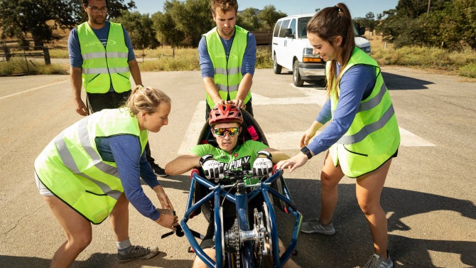 Cal Poly’s Human Powered Vehicle Team tests their vehicle on the airstrip at the Santa Margarita Ranch as they prepare for the World Human Powered Speed Challenge in Battle Mountain, Nevada.