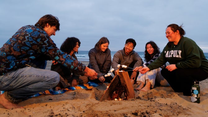students roasting marshmallows around a campfire on the beach