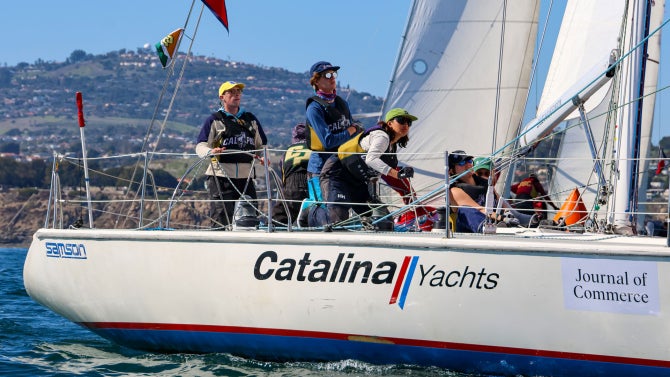 Cal Poly sailors stay focused during the 2025 Port of Los Angeles Harbor Cup. Competing aboard a Catalina 37, the team fine-tunes their strategy as they navigate the dynamic waters of the Pacific.