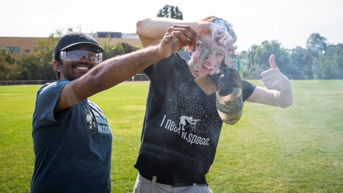 AERO students launch rockets designed to carry an egg and protect it through liftoff and landing during an aerospace engineering competition.