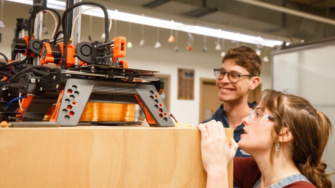 Students work on metalworking and 3D printing projects in the Mustang ’60 shop in the Bonderson Engineering Project Center.