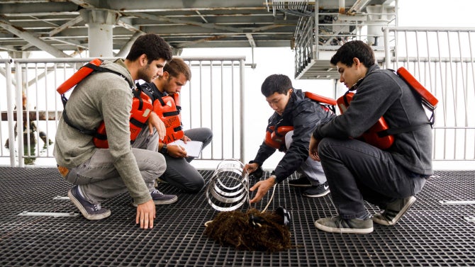 students work with two titanium coils to see how suitable the material is for use as an artificial reef