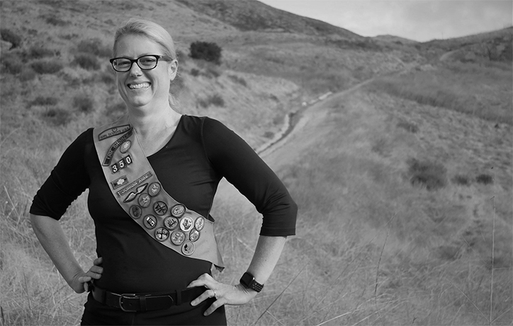 College of Engineering Dean Amy Fleischer stands at the Cal Poly P trail