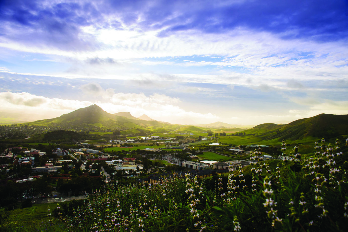 View of campus with sun setting over Bishop's Peak