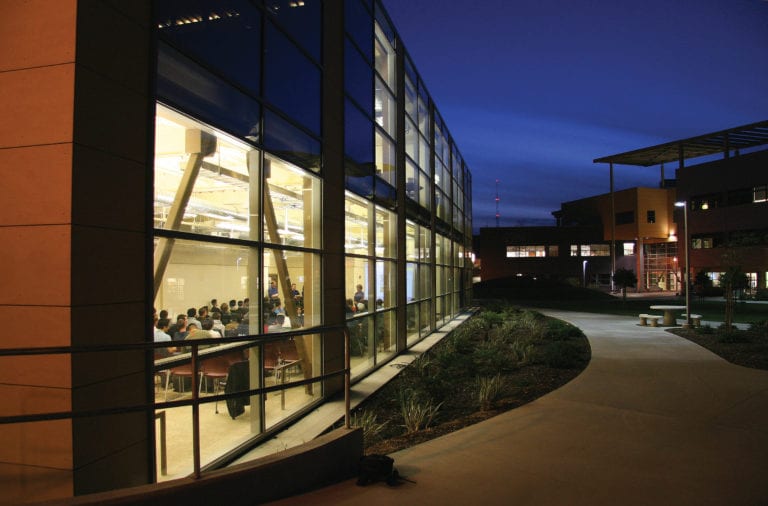 Exterior view of Bonderson Projects Center at dusk
