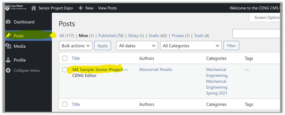 Screenshot of WordPress dashboard showing how to access a student project webpage (post)