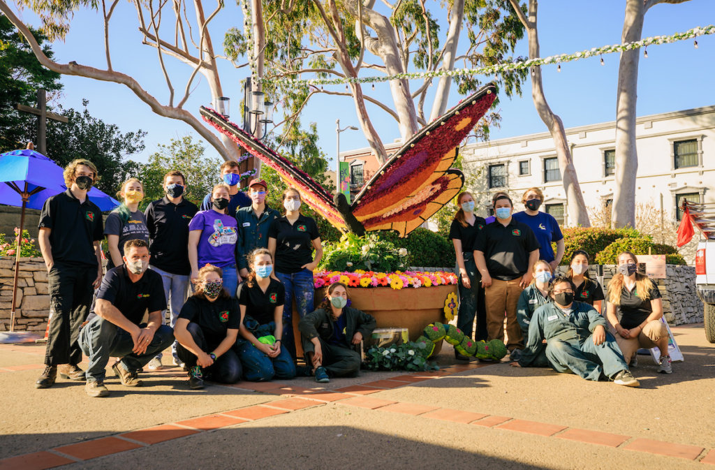 The Cal Poly Rose Float team puts the final touches on the “Spring Wings” art installation in Mission Plaza. The installation helped to showcase the process behind building a Rose Float design.
Photo by Joe Johnston/University Photographer/Cal Poly 5-22-21