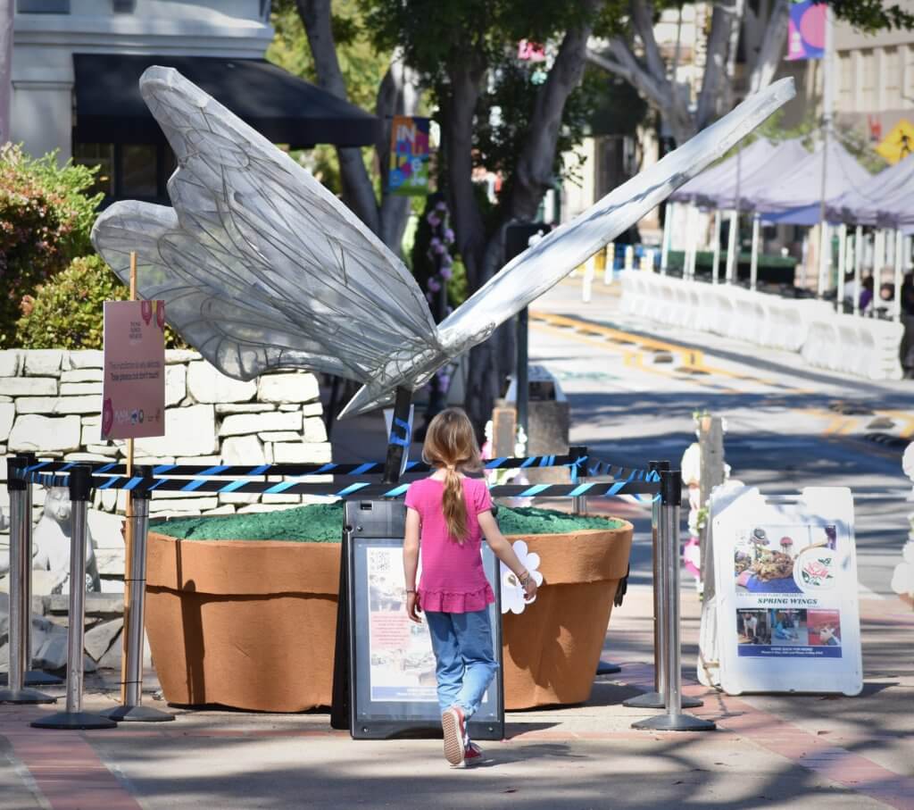 "Spring Wings," a public art installation created by the Cal poly Rose Float team, has been on display at Mission Plaza in San Luis Obispo.