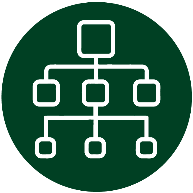 Circular, dark green icon, depicting a network