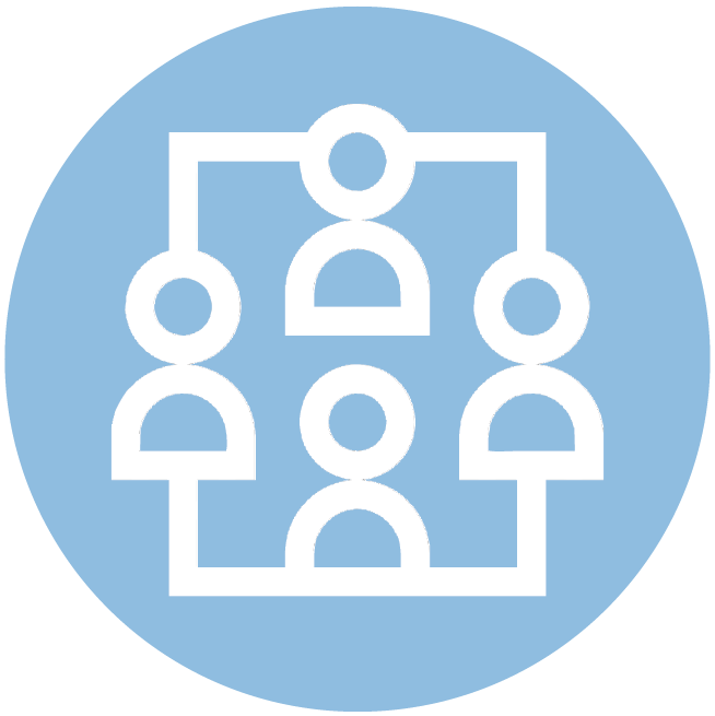 Circular, light blue icon depicting a connection of people