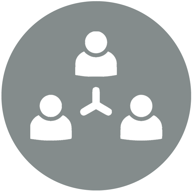 Circular, light gray icon depicting a network of persons