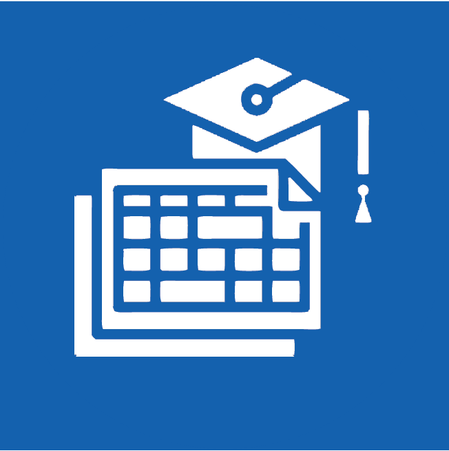 Square, blue icon depicting documents and a graduation cap