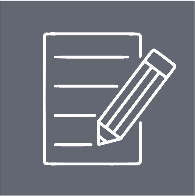 Square, dark gray icon depicting a page and writing utensil