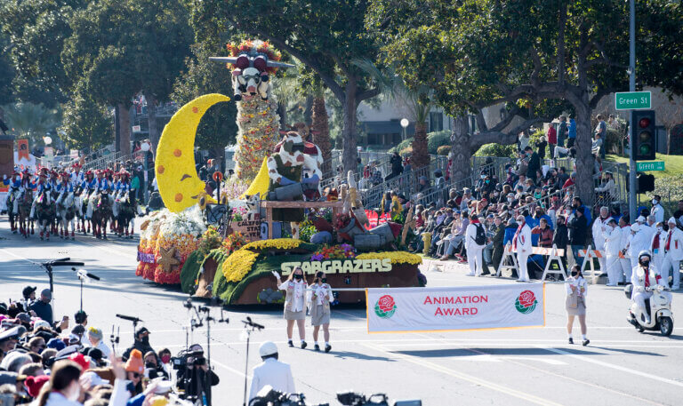 The Cal Poly Univerisities Rose Float strolls down Colorado Avenue during the annual Tournament of Roses Parade.