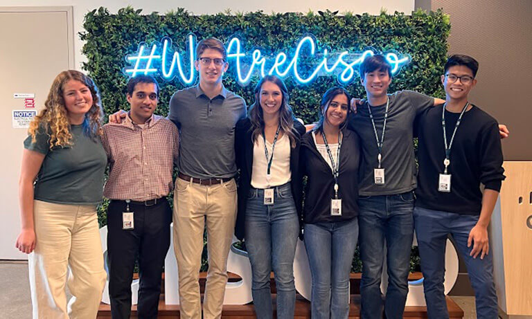 A group of Cal Poly interns gather during intern week at Cisco’s headquarters in San Jose. Engineering students Michael Cassetti, third from left, and Mahek Karamchandani, third from right, were members of a team that won first place in a competition held during the summer program.