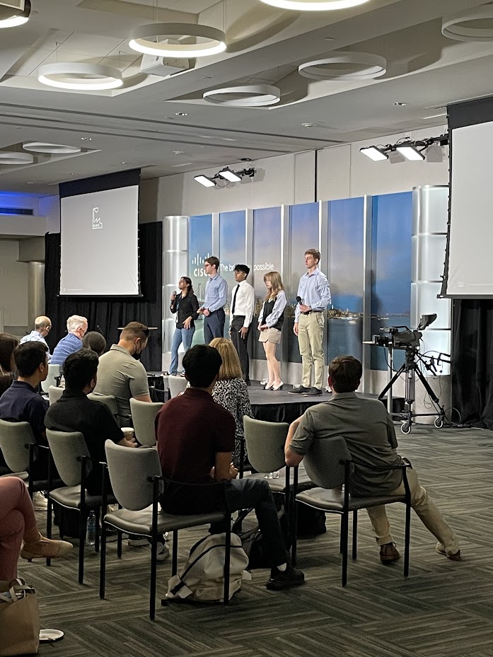 Cal Poly industrial engineering student Michael Cassetti, second from left, and his team of fellow Cisco interns present their final project to judges at the company’s San Jose headquarters as part of a competition that tasked interns with creating decision-making models to combat supply chain issues. 