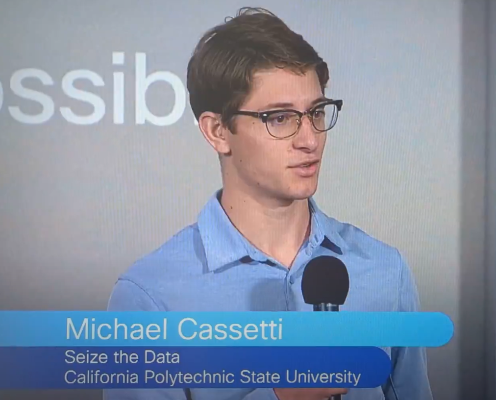 Cal Poly industrial engineering student Michael Cassetti, shown in a screenshot, presents findings from his project team, Seize the Data, during a competition that required Cisco interns to create decision-making models to combat supply chain issues.