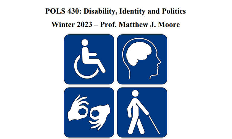 Flyer for political science 430 with images of various disability signs.