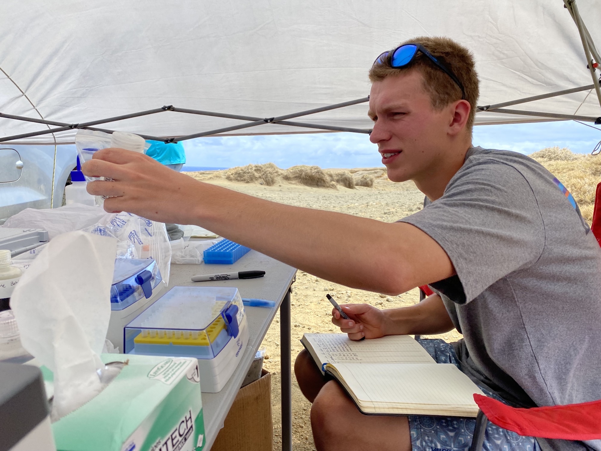 Student uses a measuring tool to process ocean water samples in Hawaii