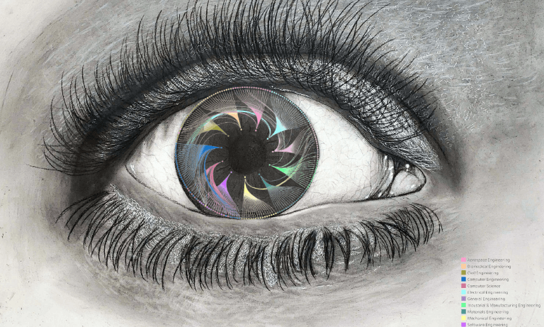 Black, white and grey art piece of a human eye, with the iris in different colors, each representing a different department in the College of Engineering