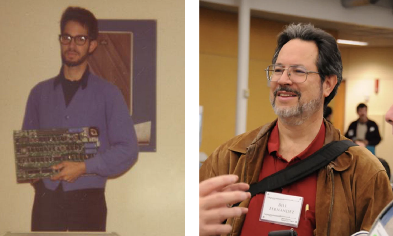 A old picture of a man holding a computer on the left, and a current picture of the same man on the right