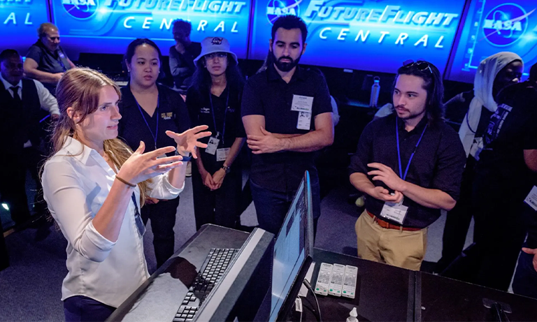 Students gathered in a group at NASA's Blue Skies Competition.