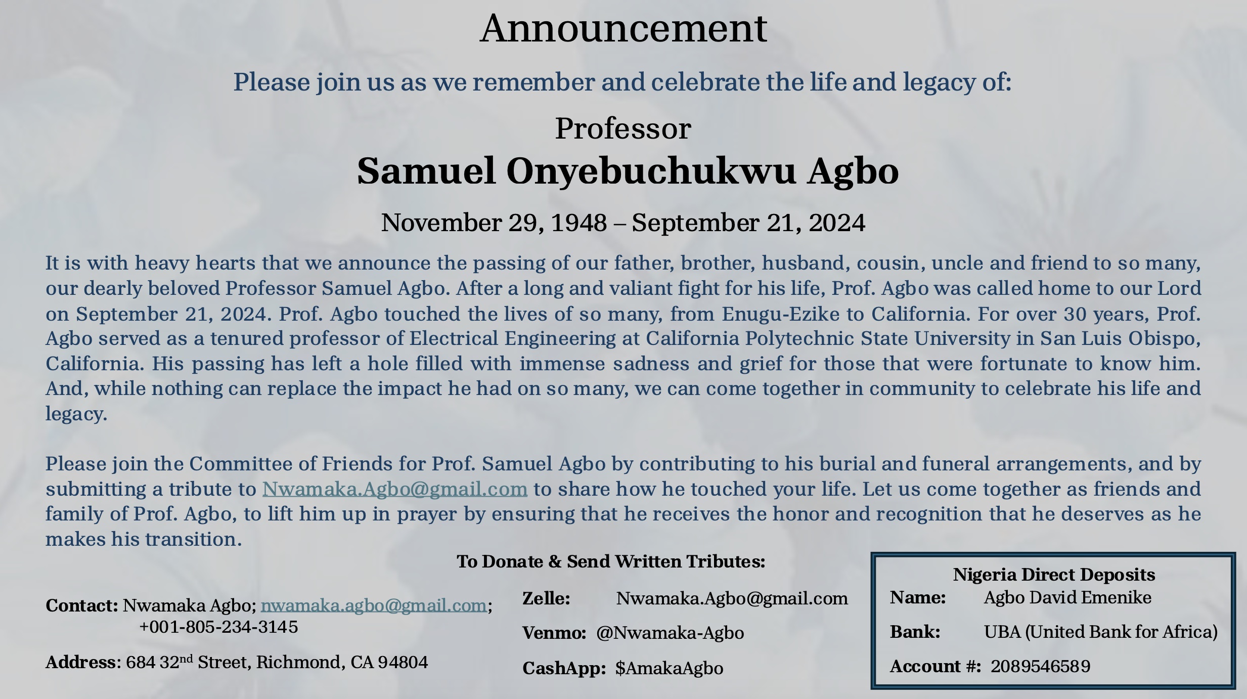 Memorial post for Professor Samuel Agbo denoting how others can contribute to his funeral service.