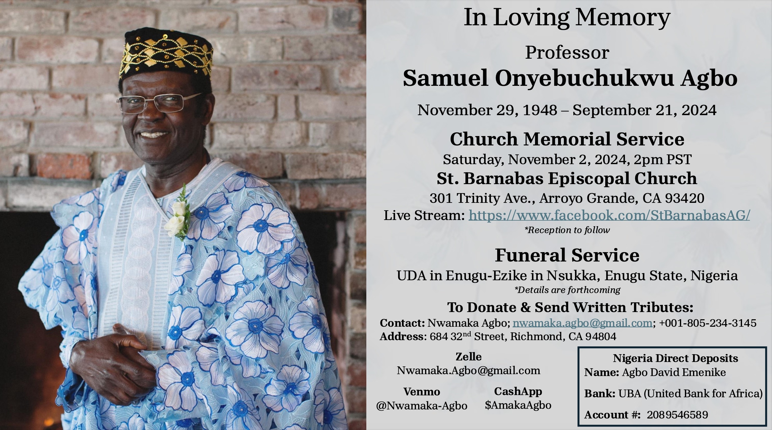 Memorial post for Professor Samuel Agbo denoting information regarding his funeral service.