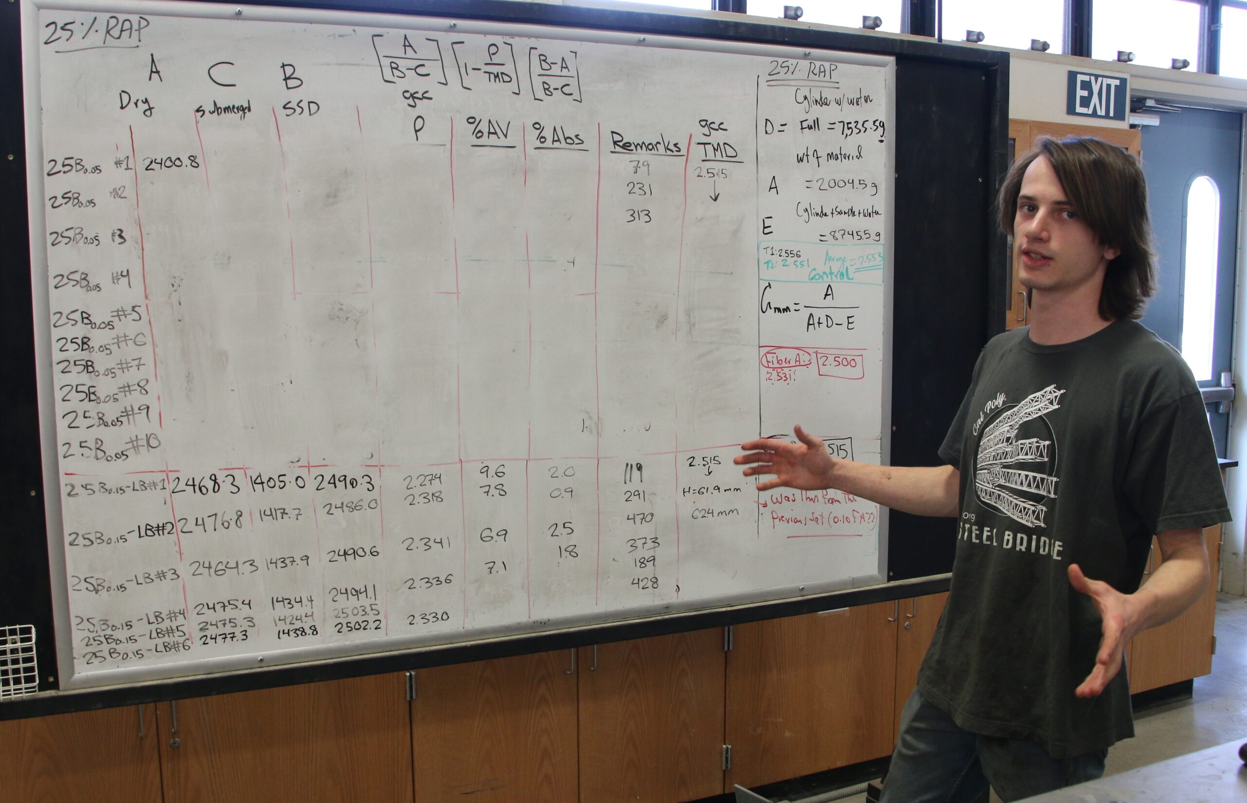 Student records data on a whiteboard in the Pavement Lab