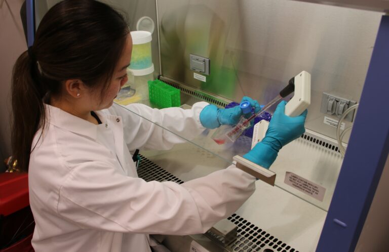 Student works with cells in a research lab