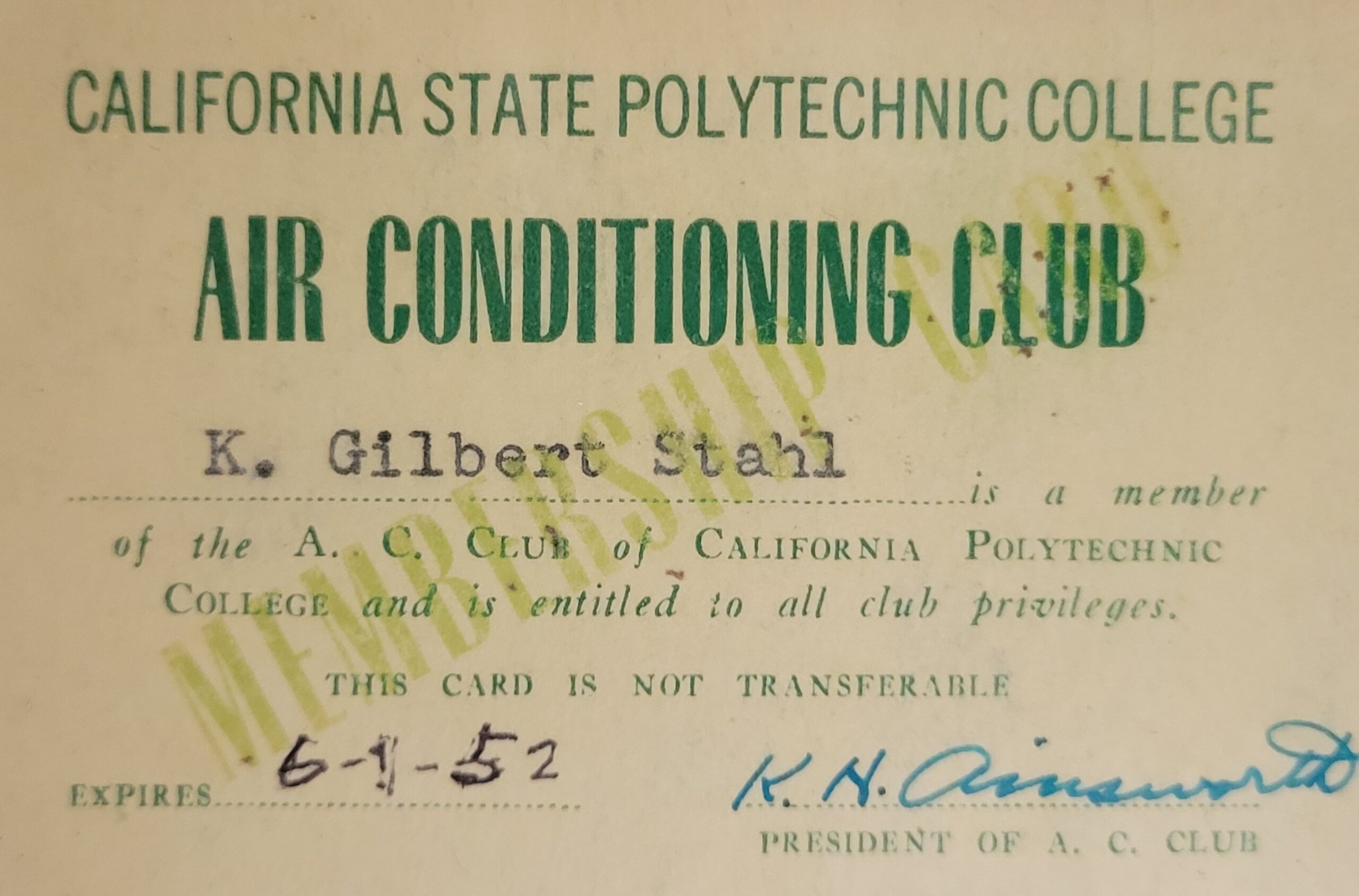 Photo of a membership card for Cal Poly's Air Conditioning Club
