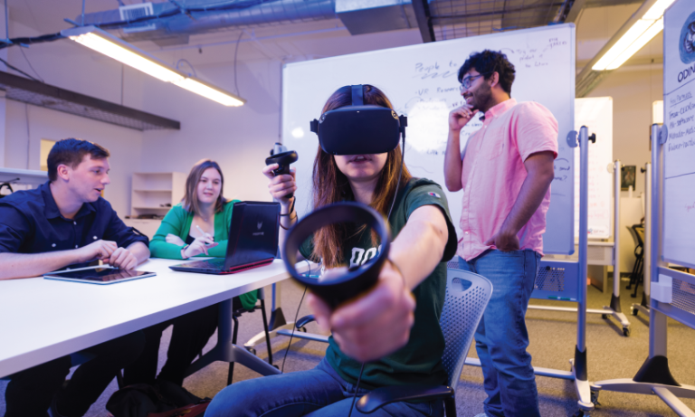 A student wearing a VR headset